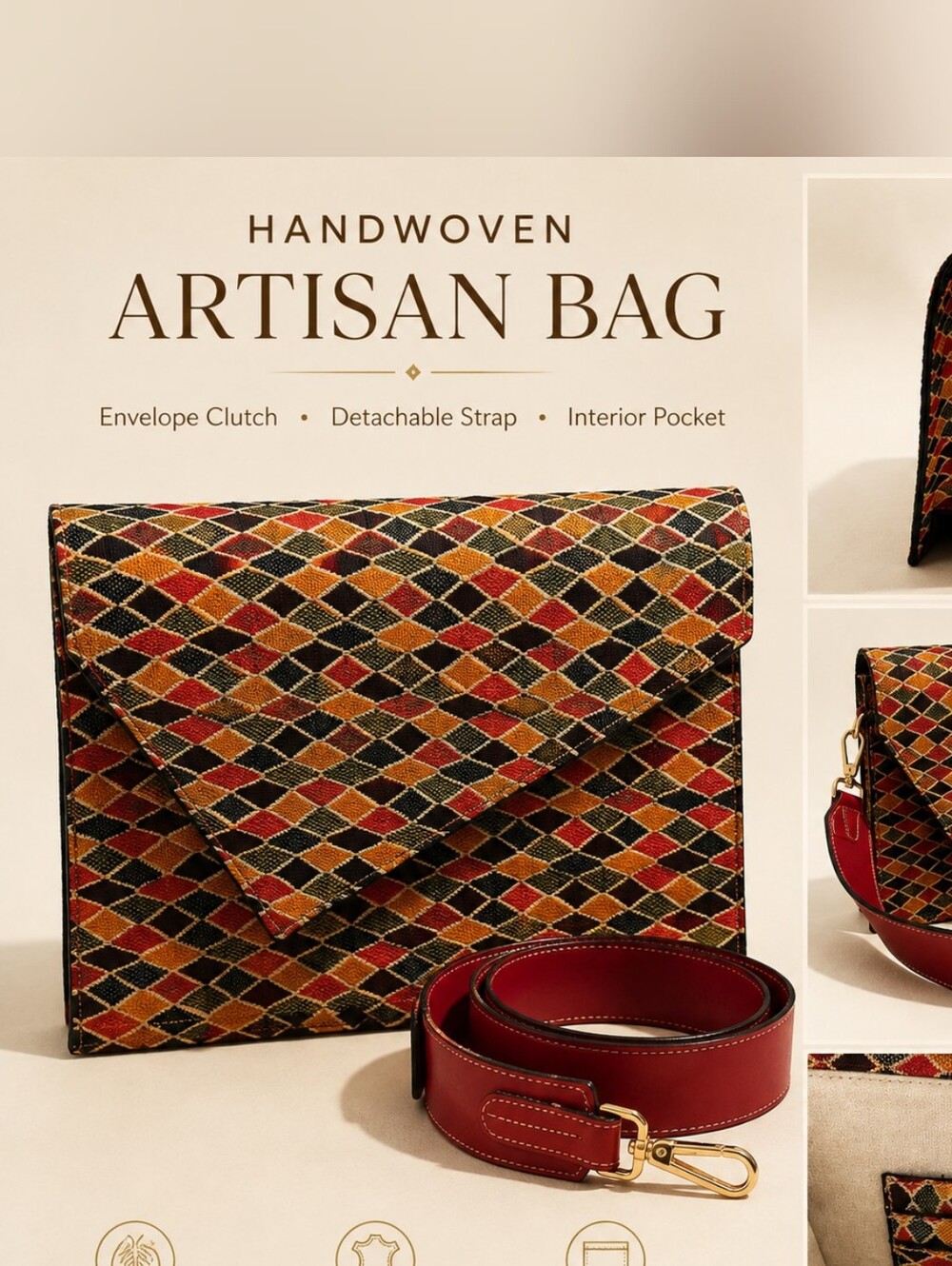 Handwoven Artisan Envelope Clutch in Multicolor with Detachable Red Strap